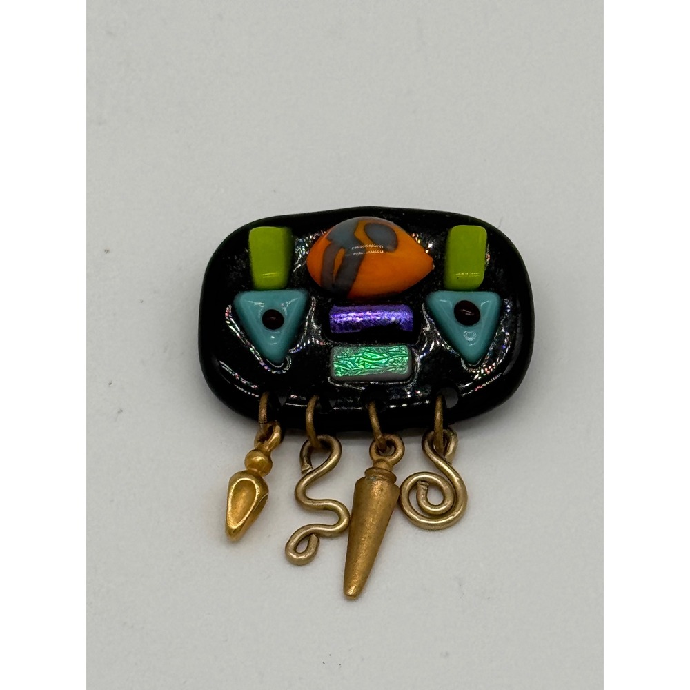 Vintage 80s Fused Art Glass Dangle Brooch Pin Brushed Gold Abstract Charms 2"